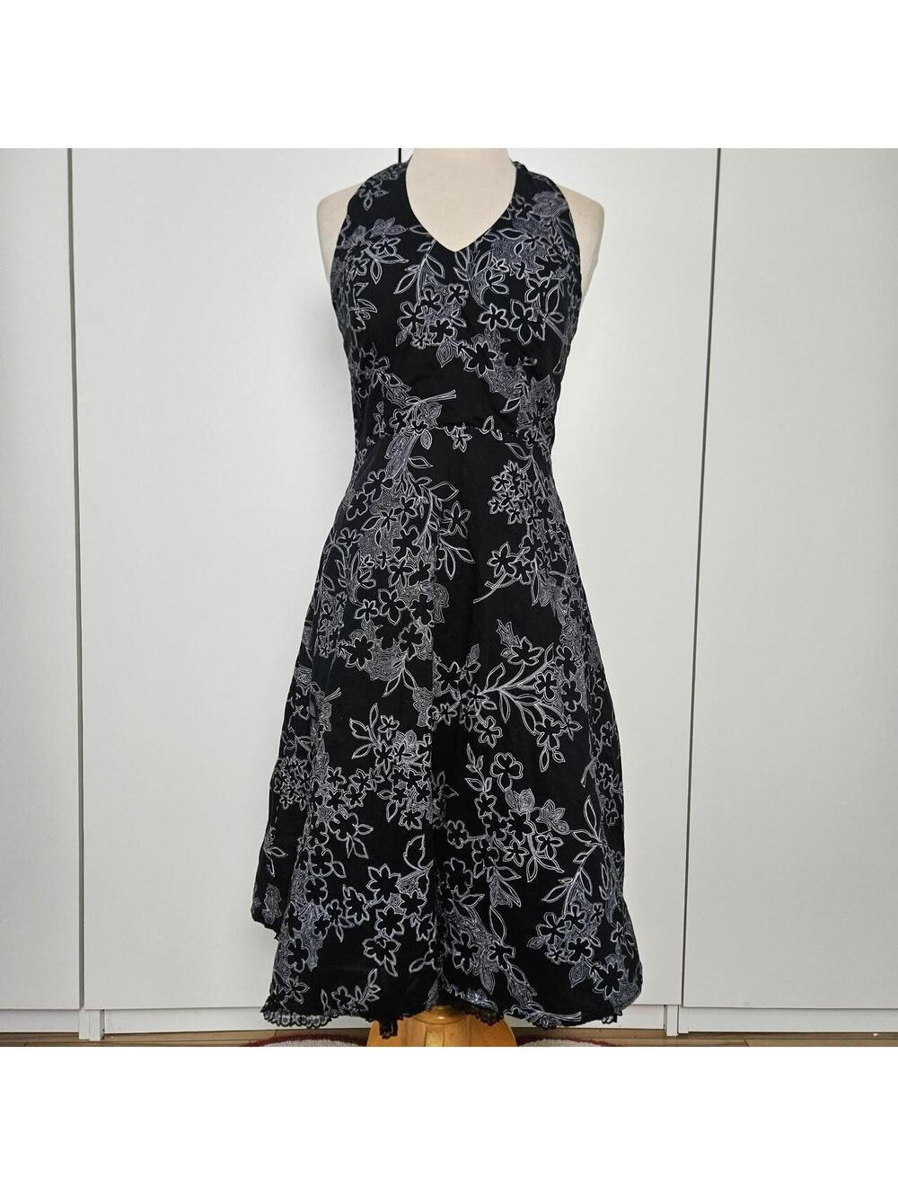 vintage y2k dressbarn black and white floral halter neck dress